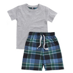 A set of grey short sleeve t-shirt and checkered lounge shorts with an elasticated waistband and drawstrings.