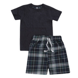 A navy short sleeve t-shirt with a pair of checkered lounge shorts. The shorts have a multi-colored check pattern, and both pieces appear to be made of a soft, comfortable fabric.
