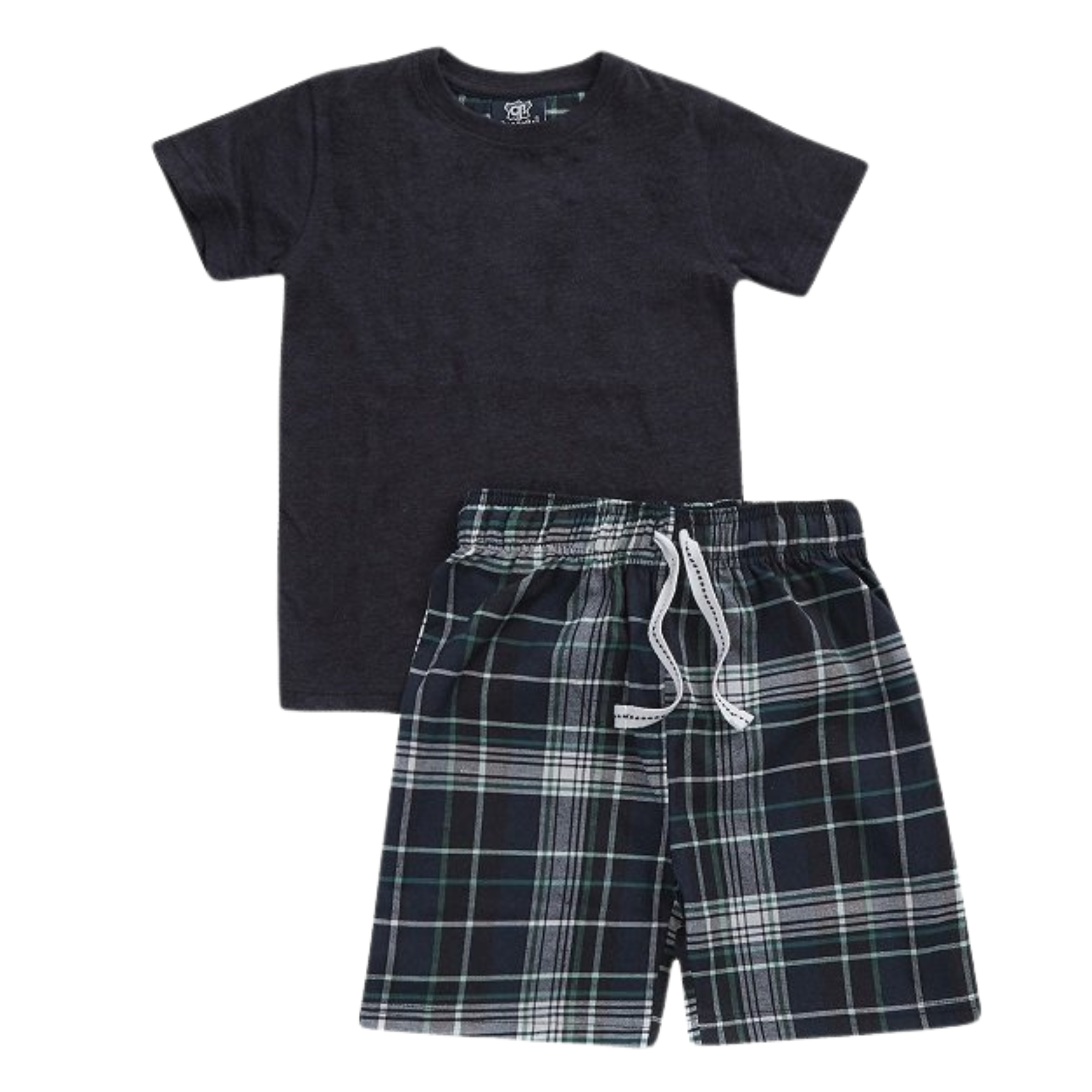 A navy short sleeve t-shirt with a pair of checkered lounge shorts. The shorts have a multi-colored check pattern, and both pieces appear to be made of a soft, comfortable fabric.