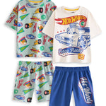 Hot Wheels themed clothing set featuring a mint green short-sleeve t-shirt with a colorful car print, matching patterned shorts.