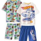 Hot Wheels themed clothing set featuring a mint green short-sleeve t-shirt with a colorful car print, matching patterned shorts.
