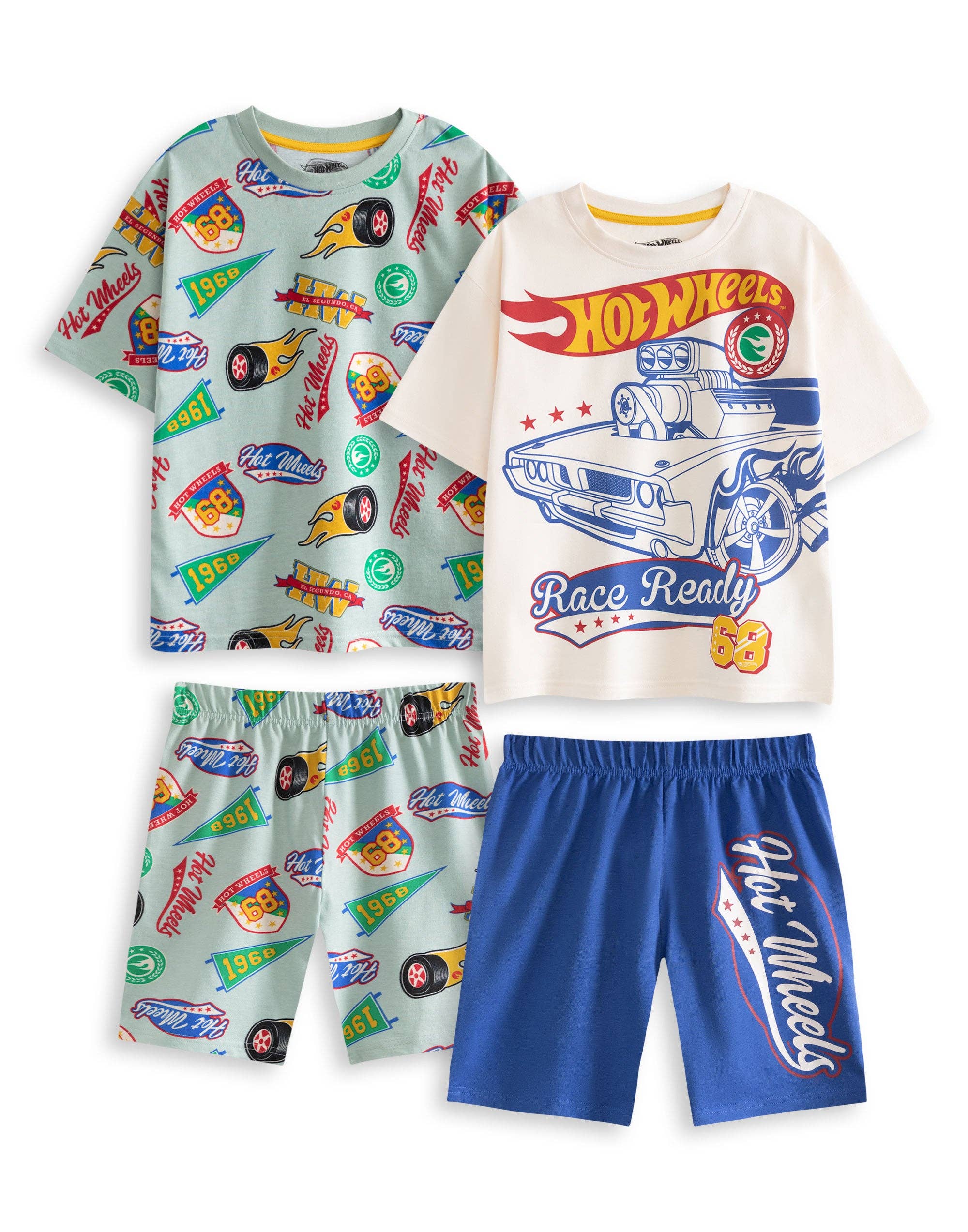 Hot Wheels themed clothing set featuring a mint green short-sleeve t-shirt with a colorful car print, matching patterned shorts.