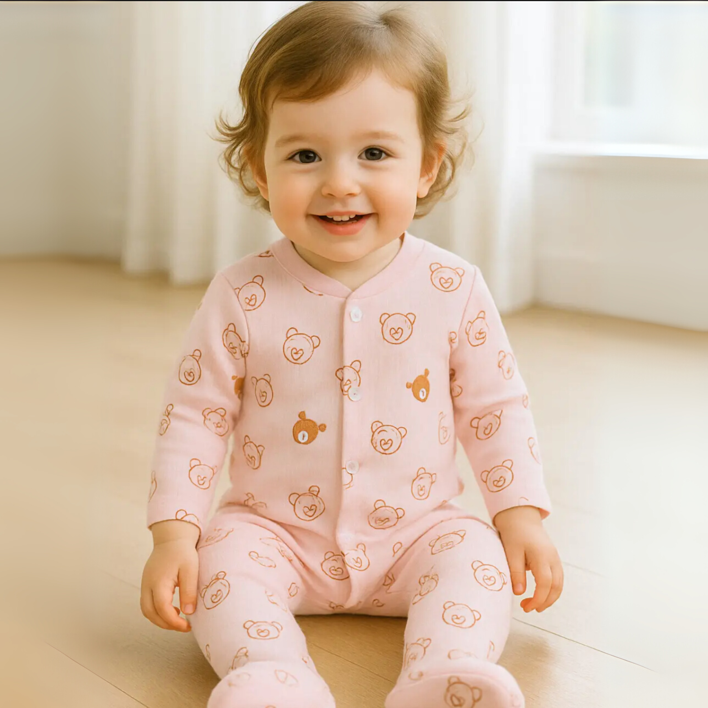 Child wearing a pink outfit with bear patterns sitting on a light-colored floor.