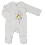 White babygrow with 'Bundle Of Joy' text and decorative elements, including a rainbow and bears, embroidered on the chest.
