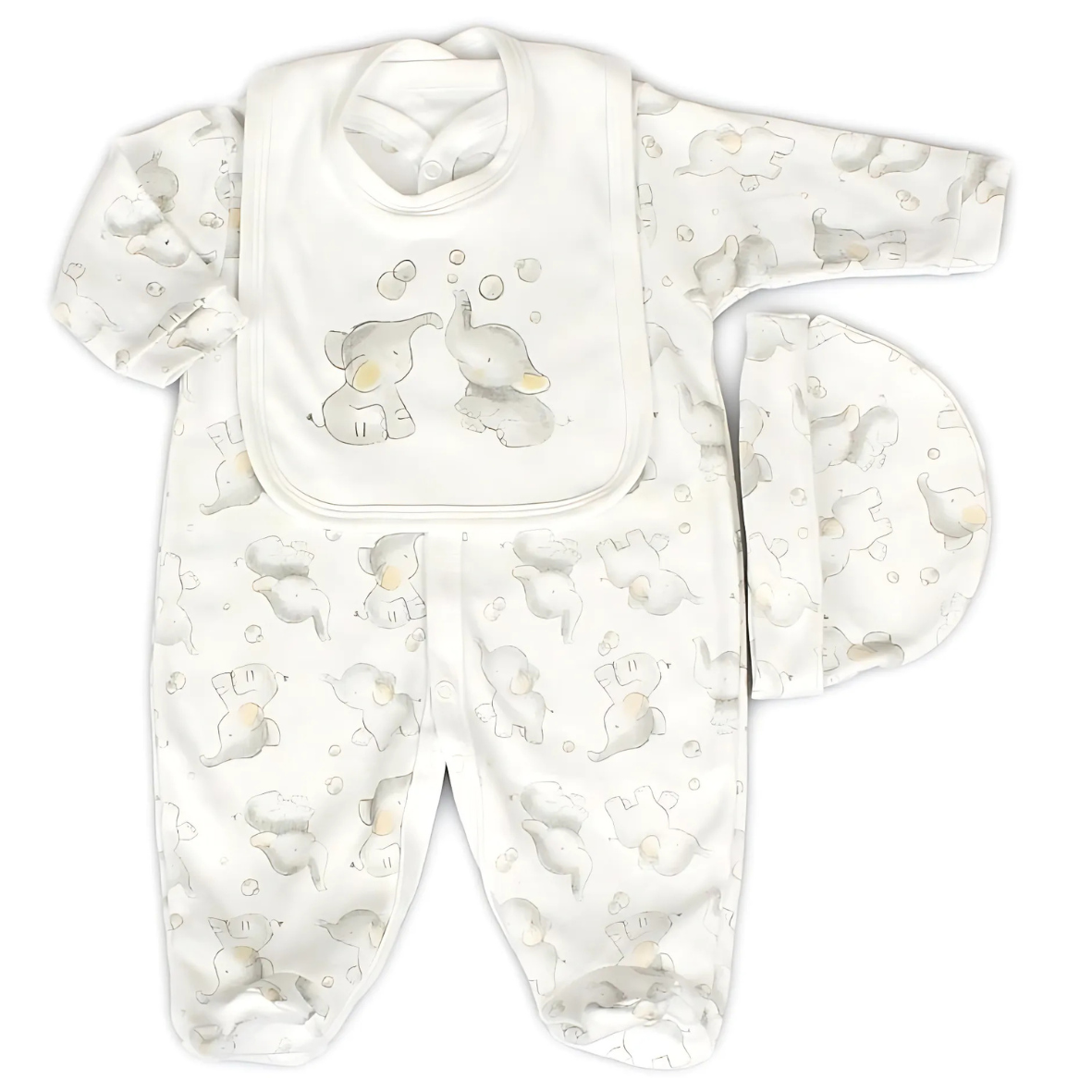 A three-piece baby outfit set with an elephant and bubbles design, including an all-in-one, bib, and hat.