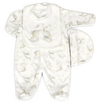 A three-piece baby outfit set with an elephant and bubbles design, including an all-in-one, bib, and hat.