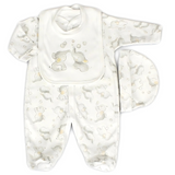 A three-piece baby outfit set with an elephant and bubbles design, including an all-in-one, bib, and hat.