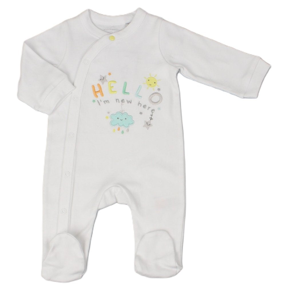 White babygrow with 'Hello I'm New Here' text and a sun and cloud design, featuring snap closures.