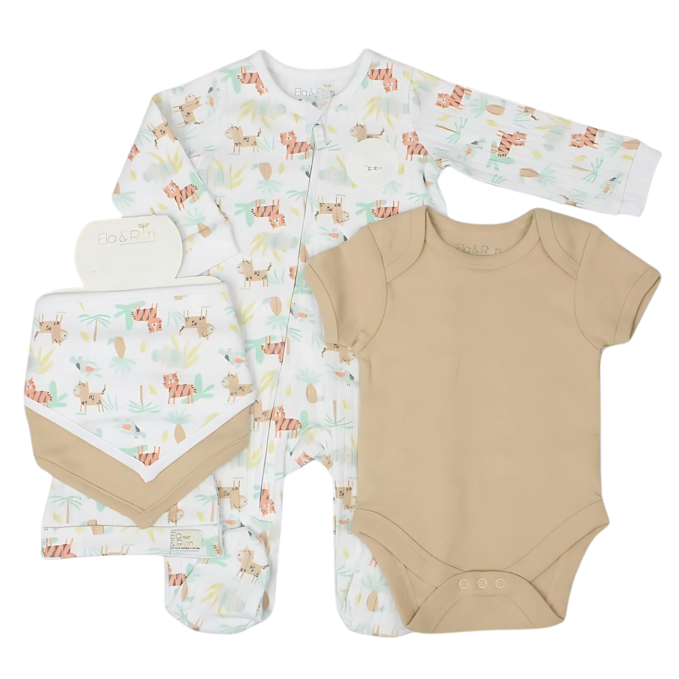A baby gift set including a multicolored jungle animal print all-in-one, a beige vest, two bibs, and a hat, all packaged in a mesh bag.