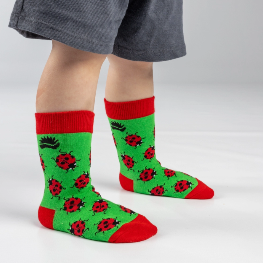 Green socks with red accents and ladybug pattern worn by a person on a white background