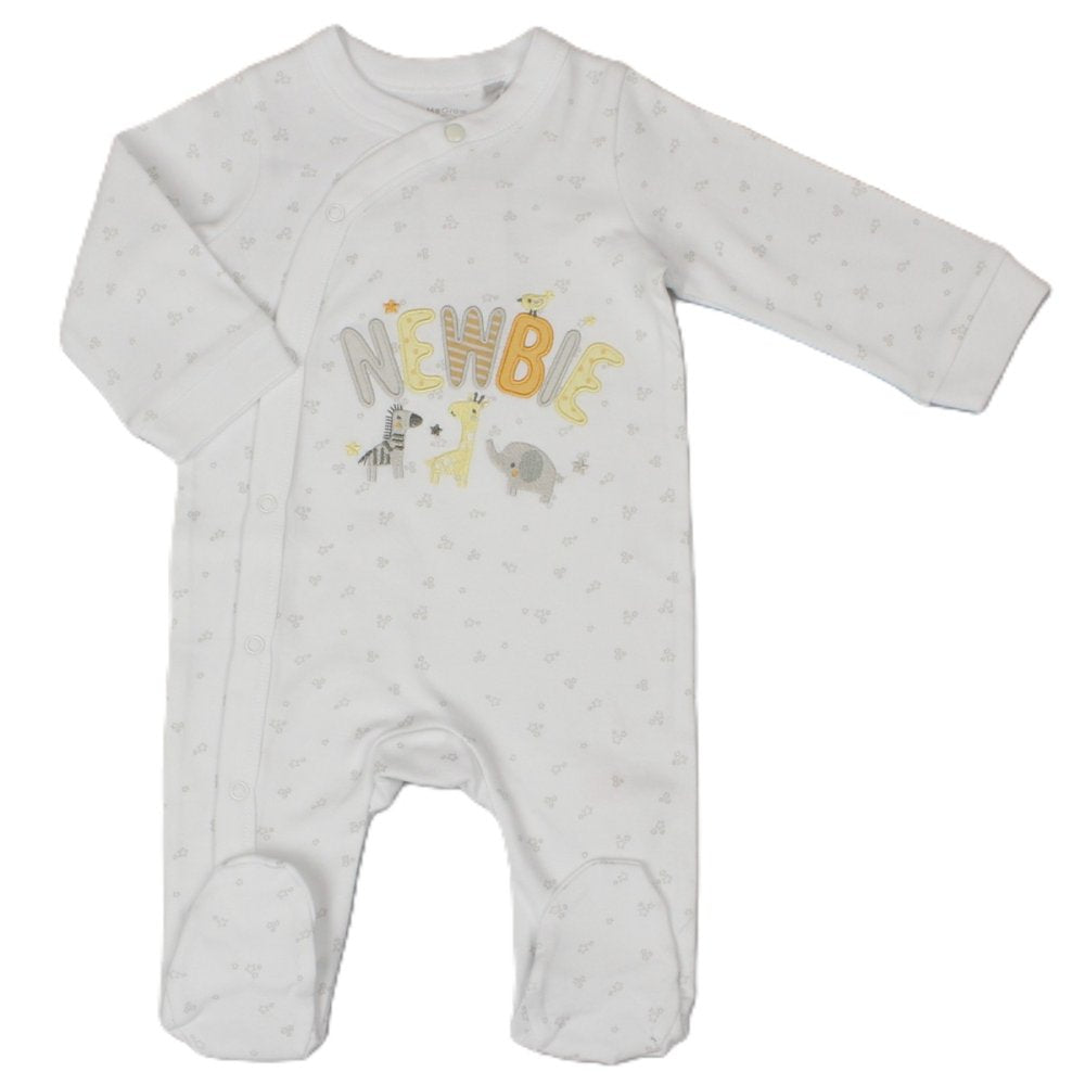 White babygrow with a delicate star print and colorful animal illustrations, including the text 'NEWBIE'.