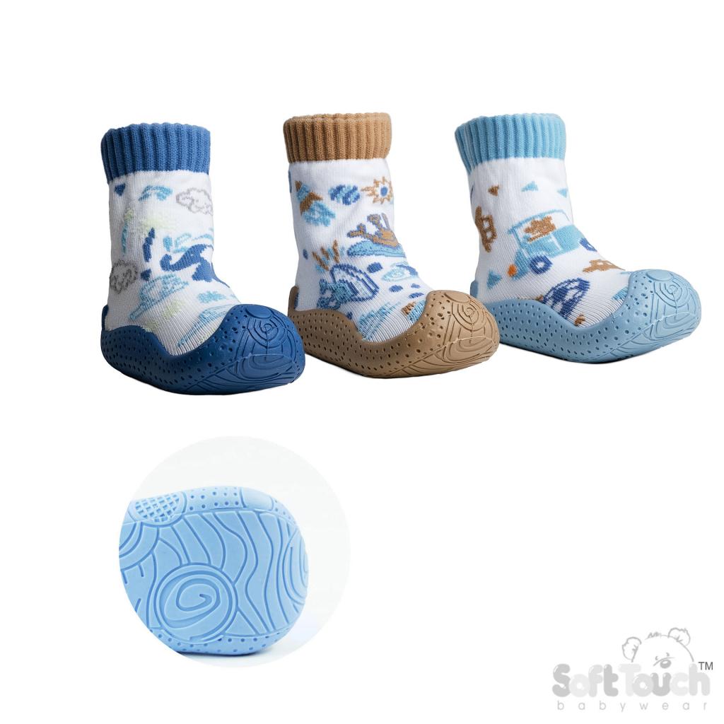 A set of socks with rubberised soles in navy, brown, and light blue colors, featuring various designs including animals and geometric patterns.