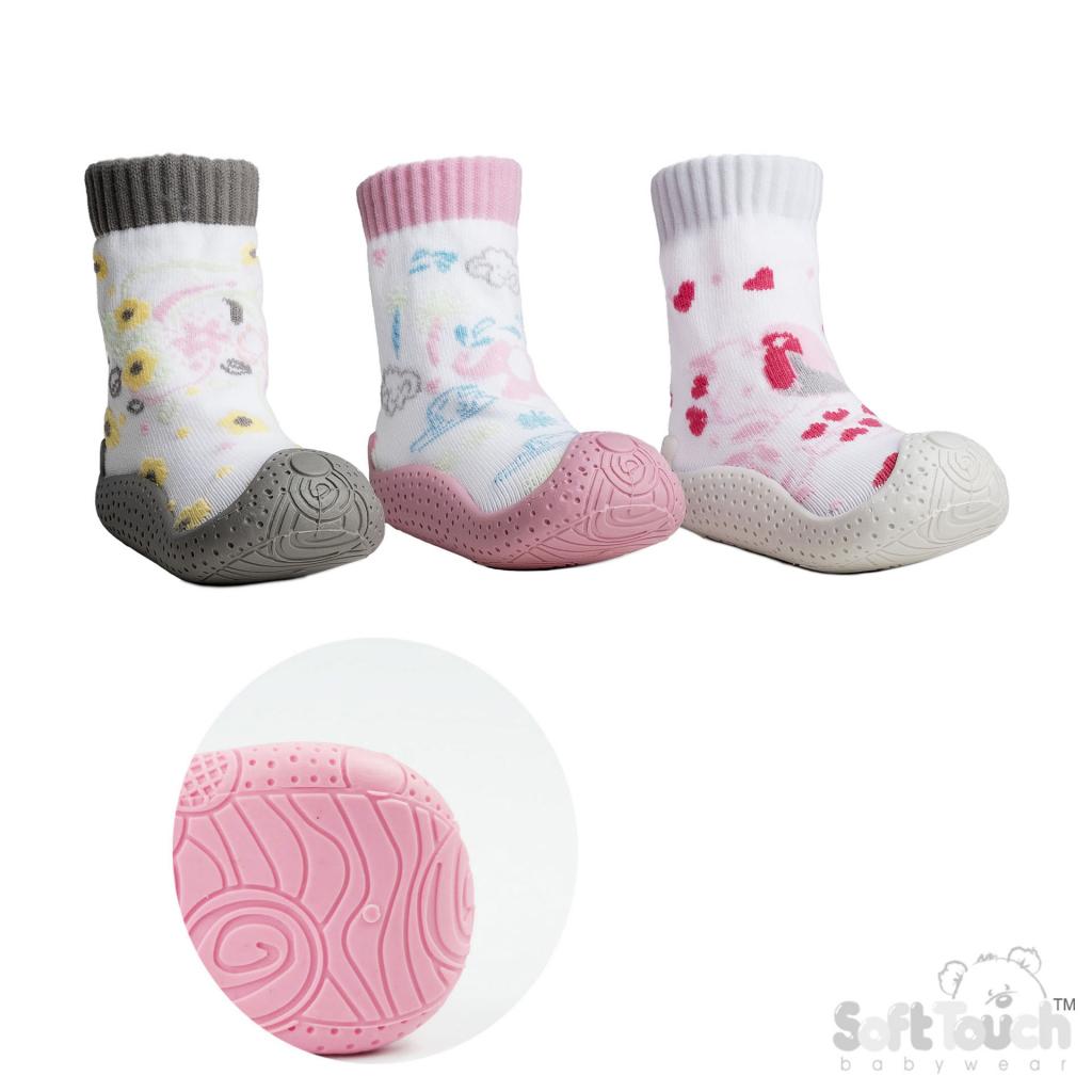 A set of three socks for babies with rubberised soles in gray, pink, and white colors, each featuring a different design of animals, hearts, and flowers.