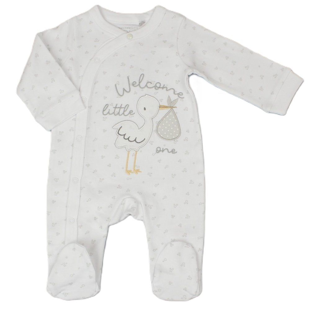 A white babygrow with a 'Welcome little one' text and a stork design on the chest, featuring popper fastenings and a all over star print.