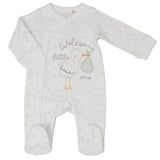 A white babygrow with a 'Welcome little one' text and a stork design on the chest, featuring popper fastenings and a all over star print.