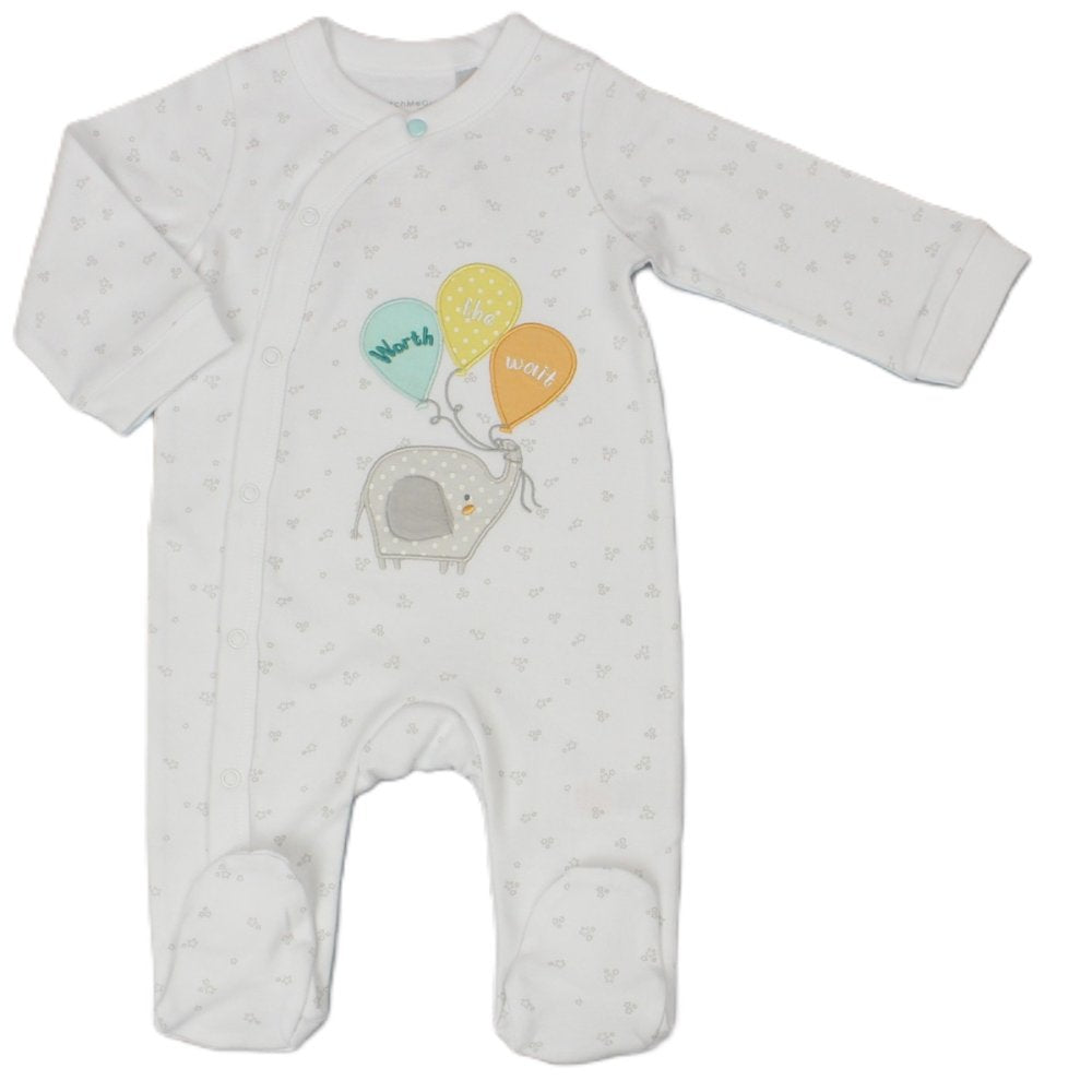 White babygrow with a gray elephant and text 'WORTH THE WAIT' on the chest, along with a pattern of small stars and decorative elements.